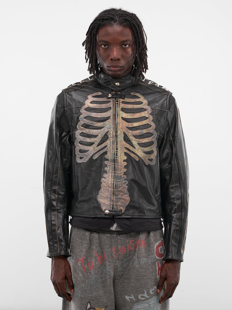 Bone Embroidered Leather Moto Jacket (LT-SV-NGA-1002-BLACK)