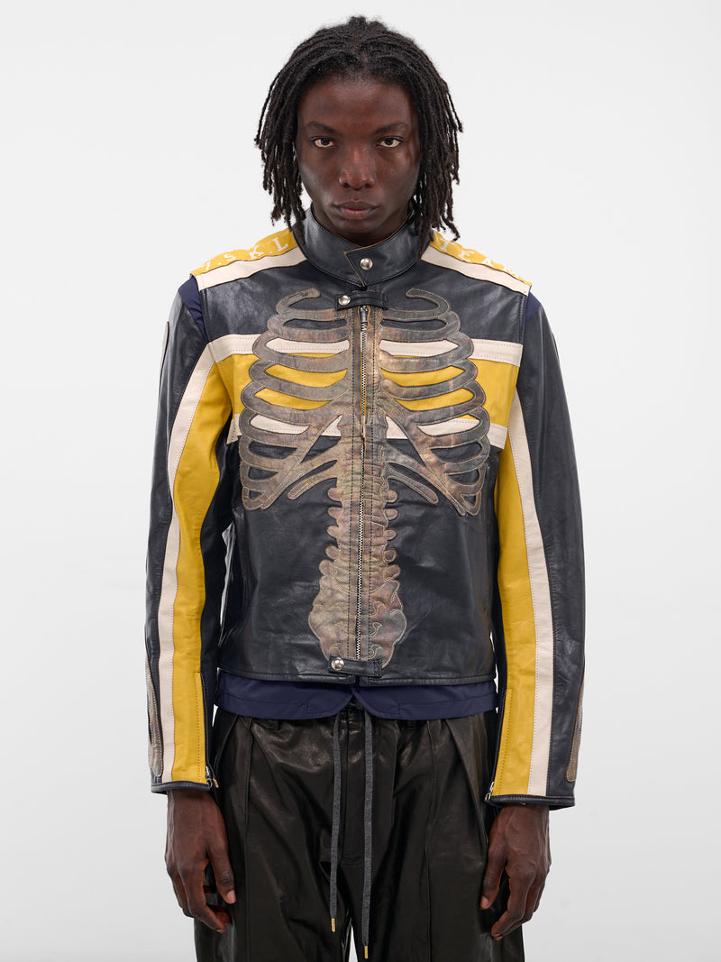 Bone Embroidered Leather Moto Jacket (LT-SV-NGA-1002-BLUE)