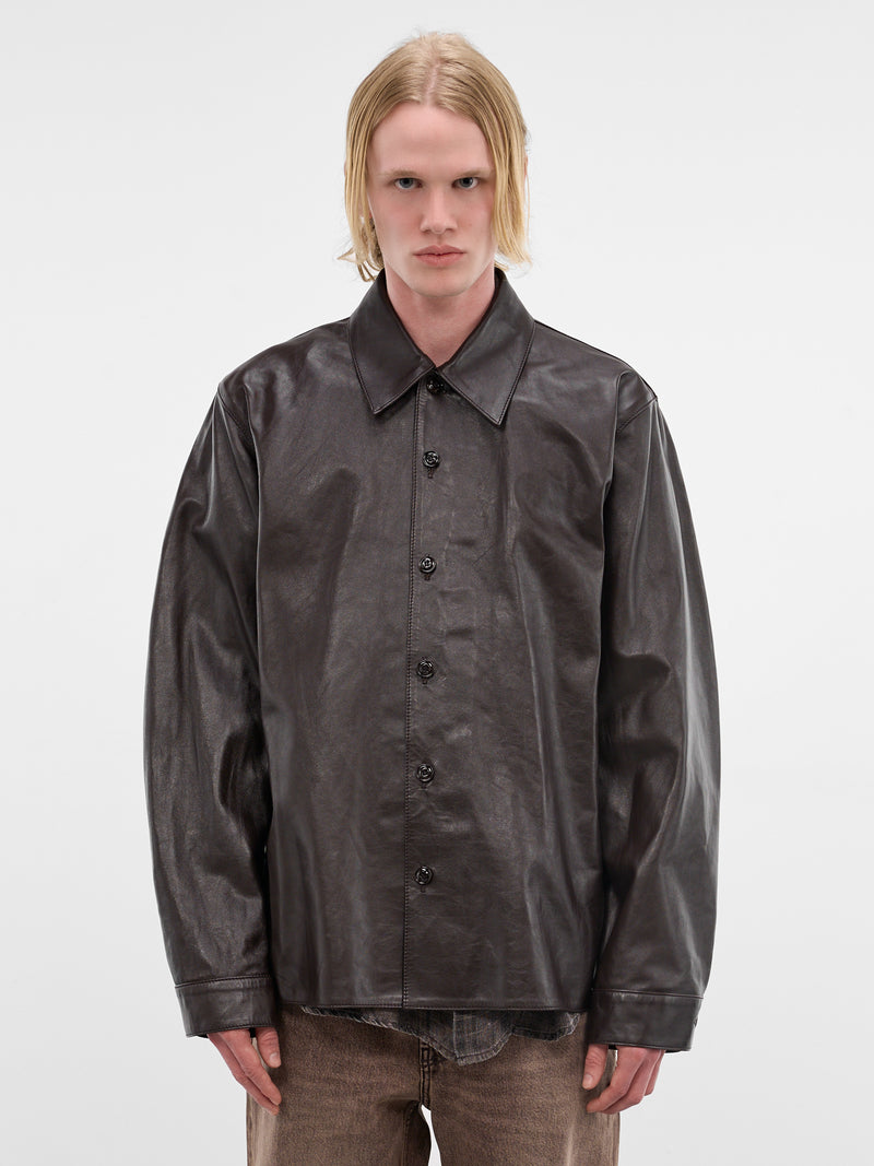 Brown Leather Boxy Welding Shirt (M4259WU-UMBER-BROWN-FLUID)