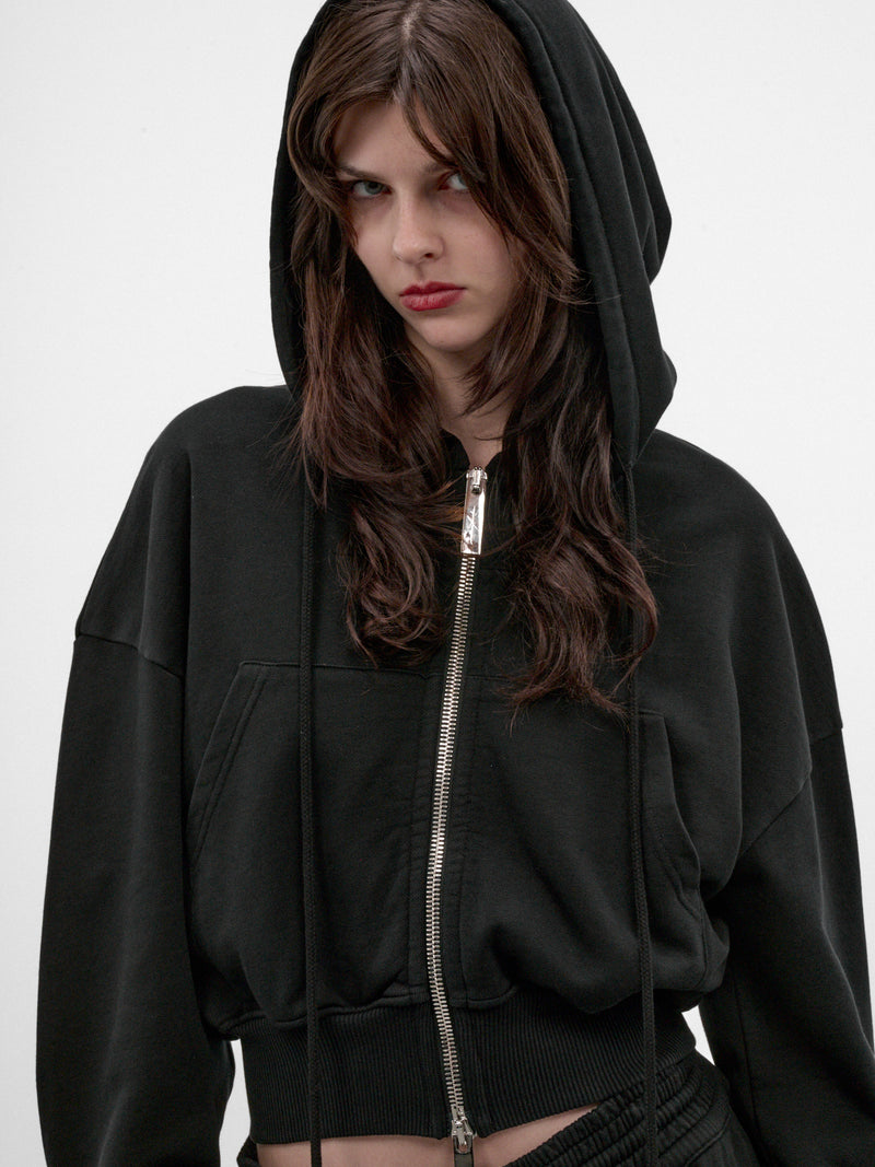 Black Cotton Cropped Zip Hoodie (MAT03T020-BLACK)