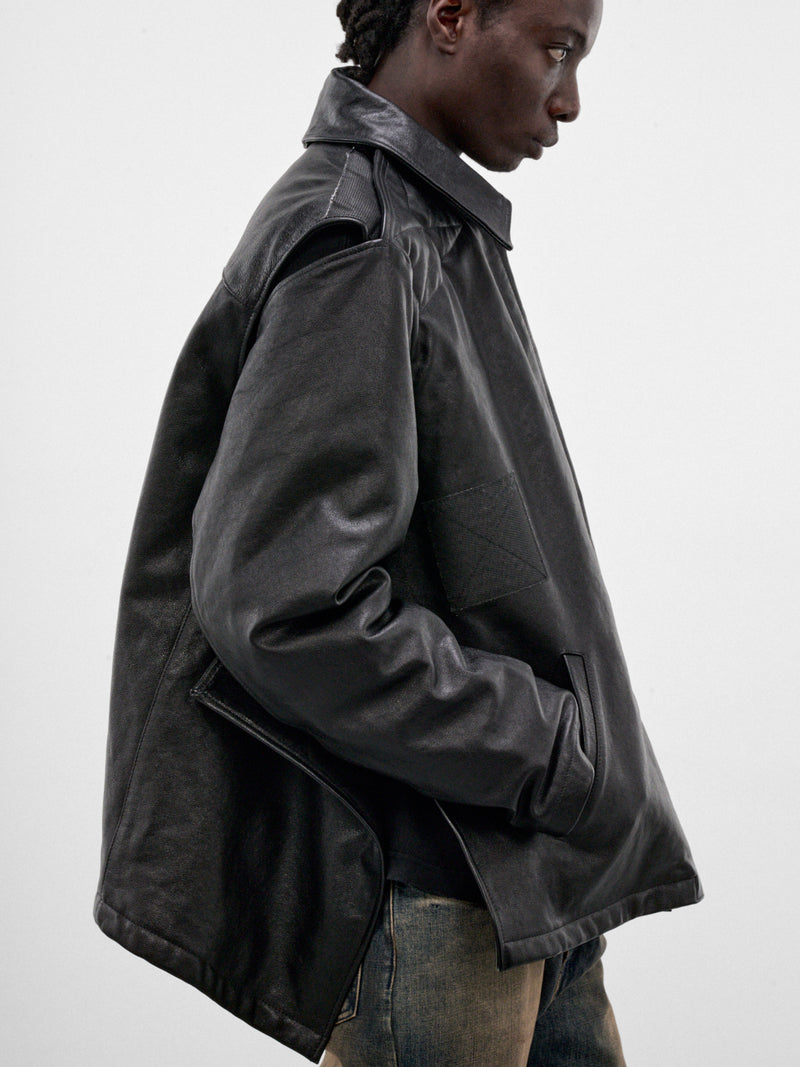 Black Oversized Tactical Leather Jacket (MH27JA002BL-BLACK)