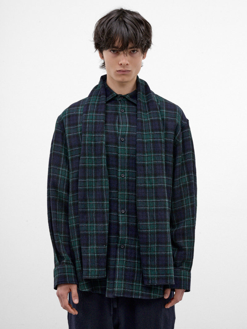 Green Plaid Wool Button-Up Shirt (MSH24-FAW74-BLUE-GREEN-WHITE)