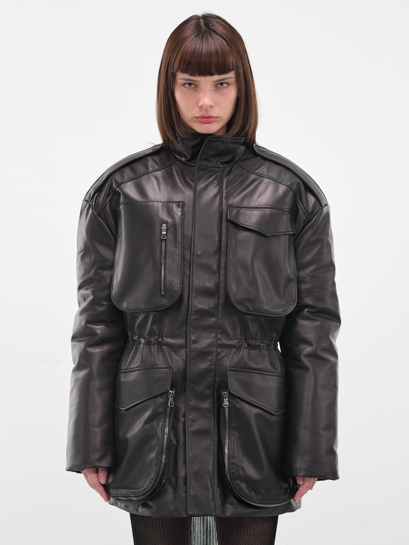 Black Leather Cargo Puffer Jacket (ND-JKT040-5000-100-BLACK)