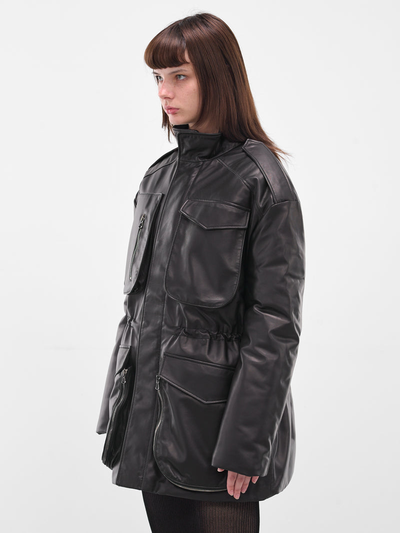 Black Leather Cargo Puffer Jacket (ND-JKT040-5000-100-BLACK)