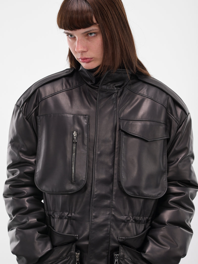 Black Leather Cargo Puffer Jacket (ND-JKT040-5000-100-BLACK)