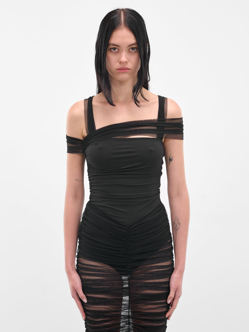 Black Draped Shoulder Ruched Bodysuit (ND-TOP097-1001-100-BLACK)