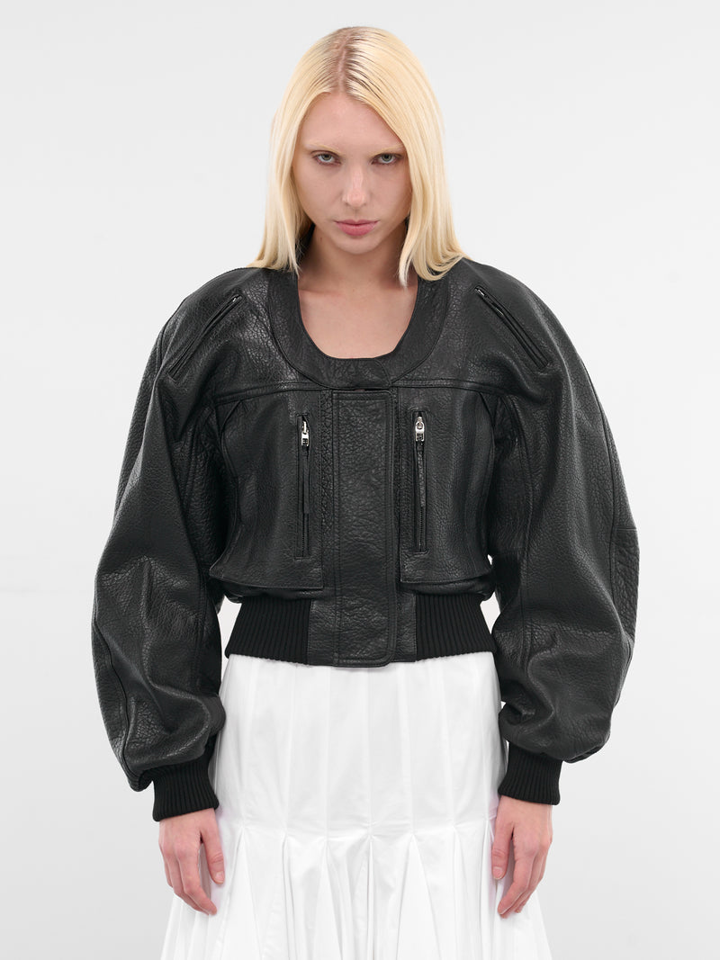 Black Leather Cropped Bomber Jacket (OUW00114AC03L03-BLACK)