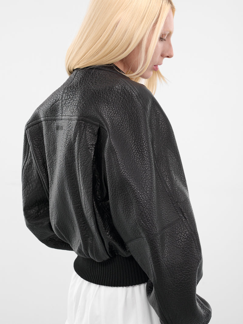 Black Leather Cropped Bomber Jacket (OUW00114AC03L03-BLACK)