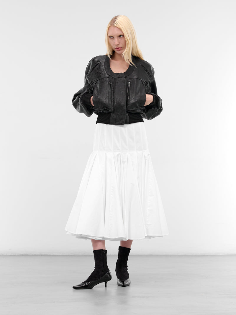 Black Leather Cropped Bomber Jacket (OUW00114AC03L03-BLACK)