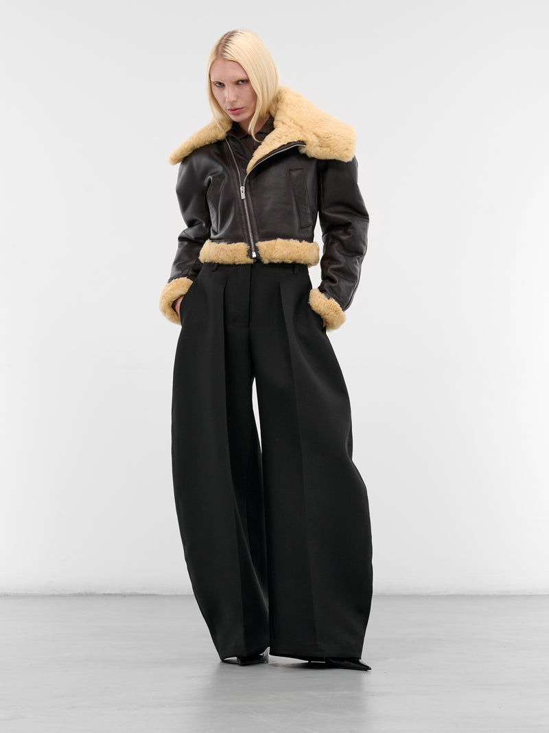 Brown Leather Aviator Cropped Jacket (OUW00119AC16L05-DARK-BROWN)