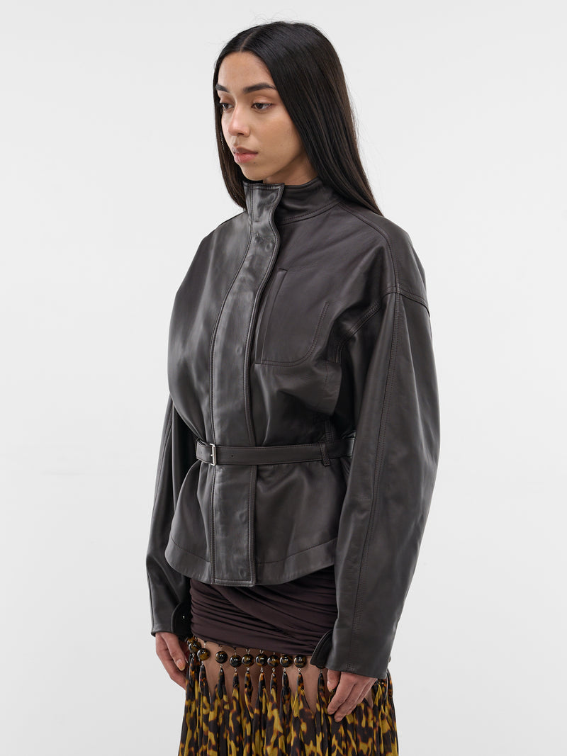Brown Lamb Leather Belted Jacket (OUW00127AC27L27-DARK-BROWN)