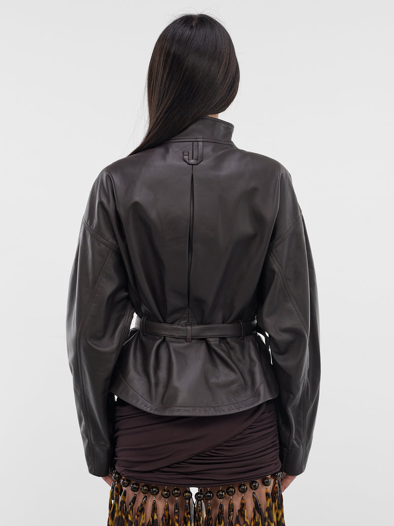 Brown Lamb Leather Belted Jacket (OUW00127AC27L27-DARK-BROWN)
