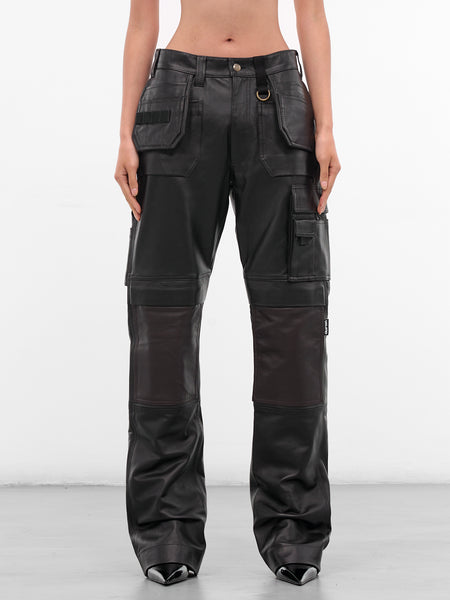 Black Leather Cargo Work Pants (PA02972-0363-BLACK-BROWN)