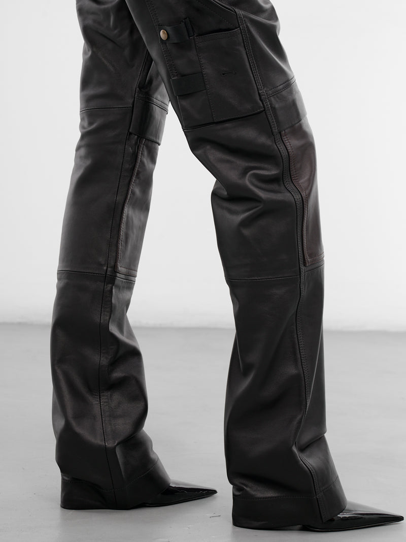 Black Leather Cargo Work Pants (PA02972-0363-BLACK-BROWN)