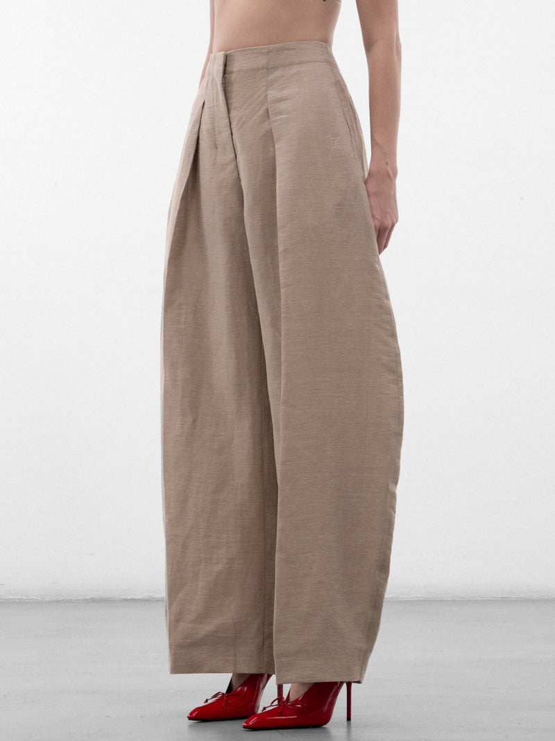 Beige Linen Pleated Curve Trousers (PAW00663AW00853-BEIGE)