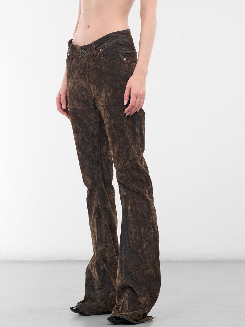 Brown Flocked Flare Zip Trousers (PFFW25TR03-FOREST)