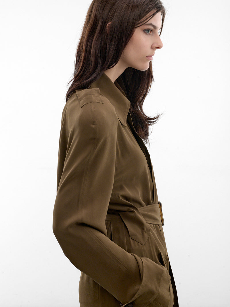 Olive Fluid Silk Trench Coat (PPSS26CO01092-0024-OLIVE)