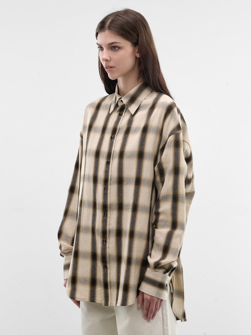Plaid Oversized Cotton Button-Up Shirt (PPSS26SR06012-6490-IVORY-GREEN)
