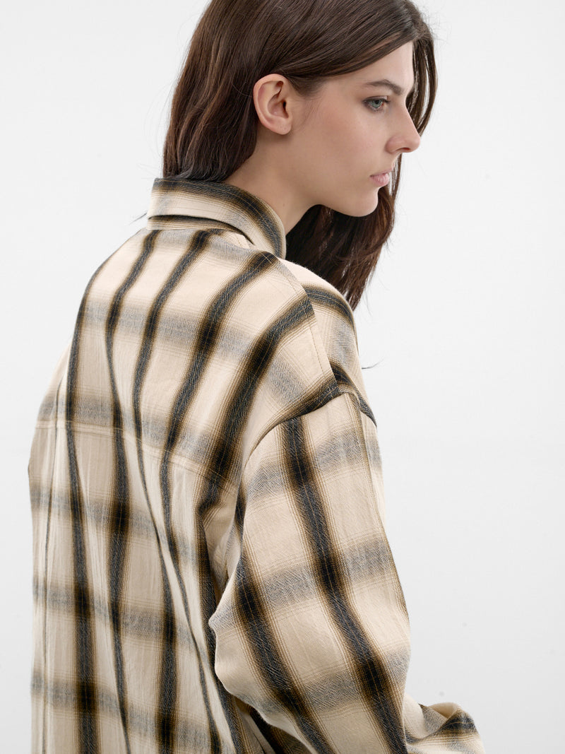 Plaid Oversized Cotton Button-Up Shirt (PPSS26SR06012-6490-IVORY-GREEN)