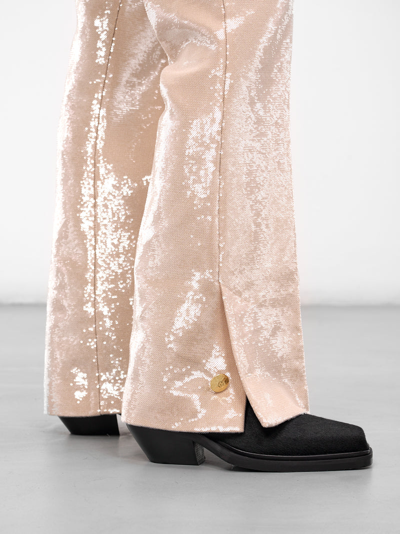 Beige Sequin Flared Trousers (PT-003-D-BEIGE)