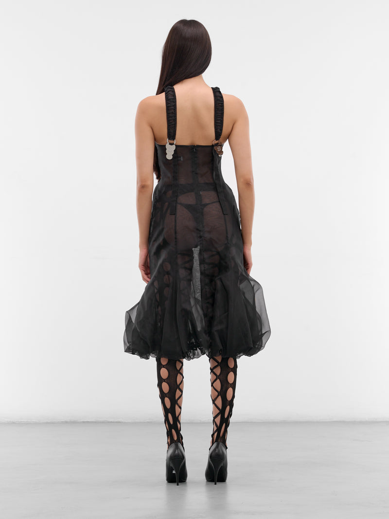 Black Silk Cross Puff Dress (PUFF-MIDI-CRISS-CROSS-BLACK)
