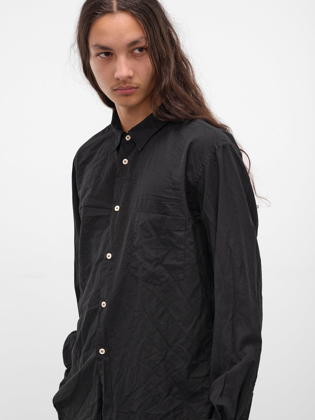 Black Wrinkled Button-Up Shirt (PZ-B004-PER-BLACK)