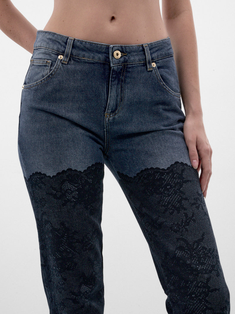 Blue Flared Lace & Denim Jeans (RF6018-D02US-DENIM-BLUE)