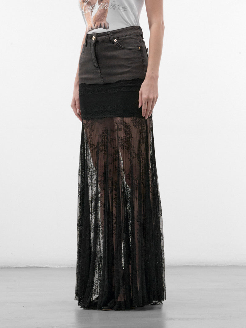 Gray Lace & Denim Maxi Skirt (RF6022-D02US-GREY)