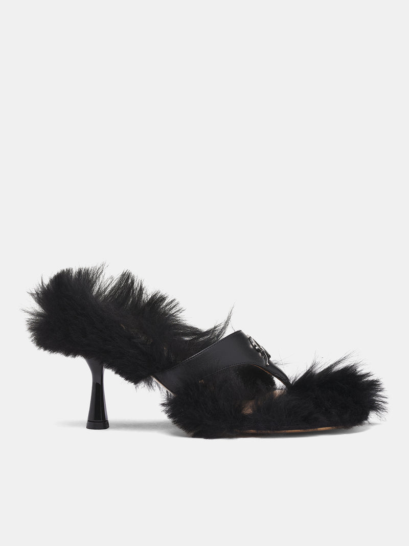 Black Lamb Fur Heeled Sandals (RR096A-BLACK)