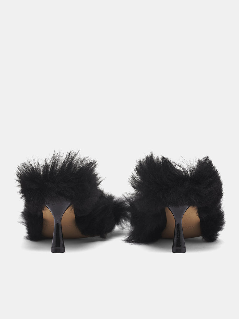 Black Lamb Fur Heeled Sandals (RR096A-BLACK)