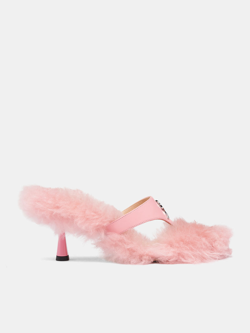 Pink Goat Fur Heeled Sandals (RR116A-SILVER-PINK)