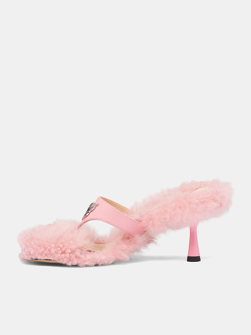 Pink Goat Fur Heeled Sandals (RR116A-SILVER-PINK)