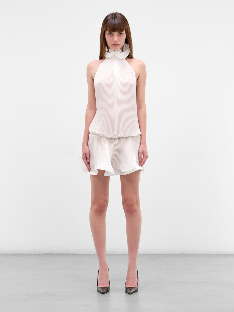 Sculptural Pleated Georgette Mini Dress (RR446-WHITE)