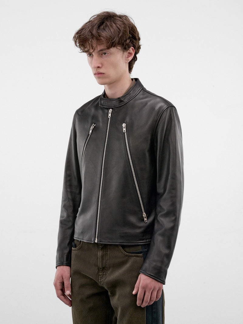 Black Leather Zip Moto Jacket (S50AM0489-SY1460-BLACK)