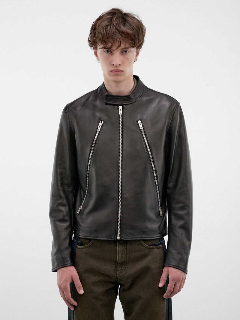 Black Leather Zip Moto Jacket (S50AM0489-SY1460-BLACK)