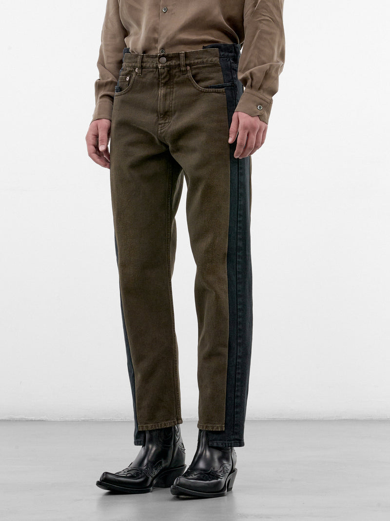 Two-Tone Denim Deconstructed Straight Jeans (S50LA0251-M30072-BLACK-BROWN)