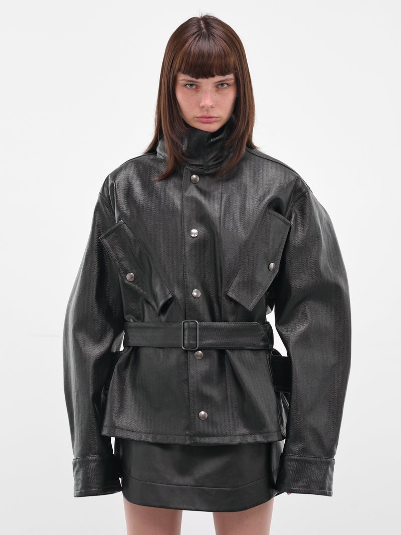 Black Laminated Cotton Belted Jacket (S51AM0504-M35599-900-BLACK)