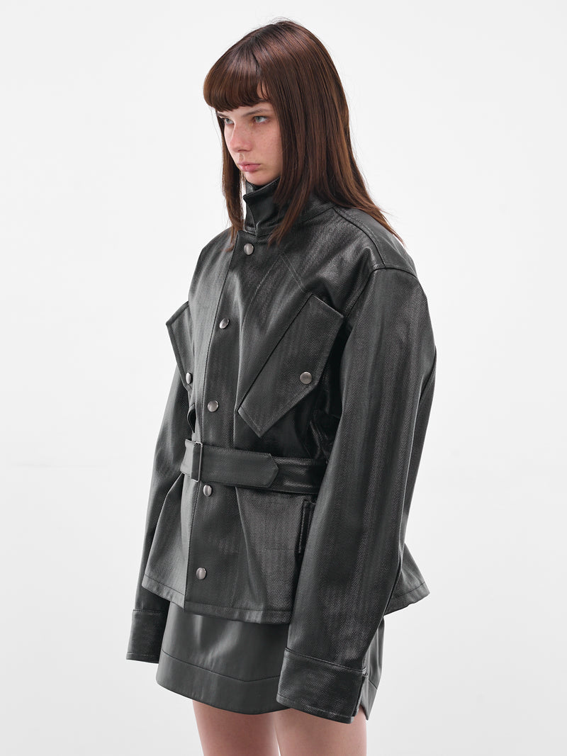 Black Laminated Cotton Belted Jacket (S51AM0504-M35599-900-BLACK)