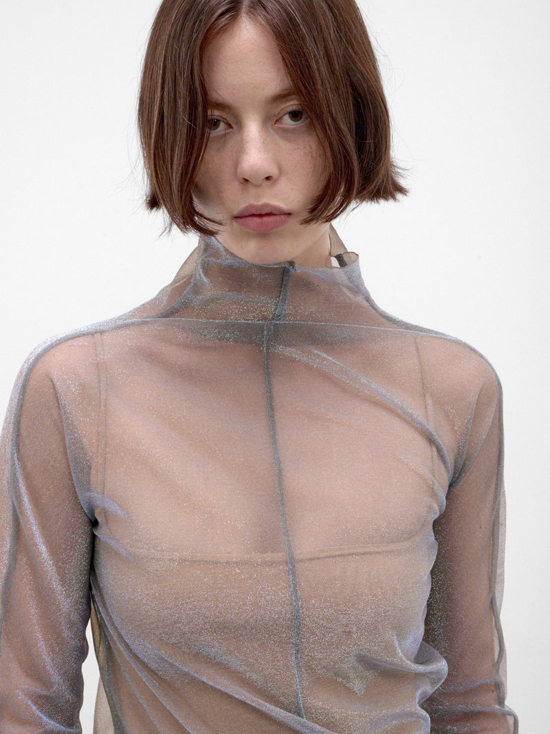 Sheer Shimmer Knit Asymmetric Turtleneck (S51HL0048-M13299-001F-MULTI)