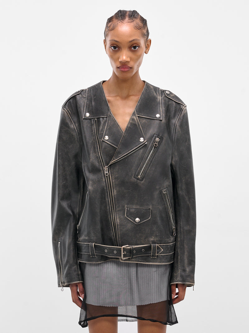 Black Worn Leather Biker Jacket (S52AM0305-M07001-143-BROWN)