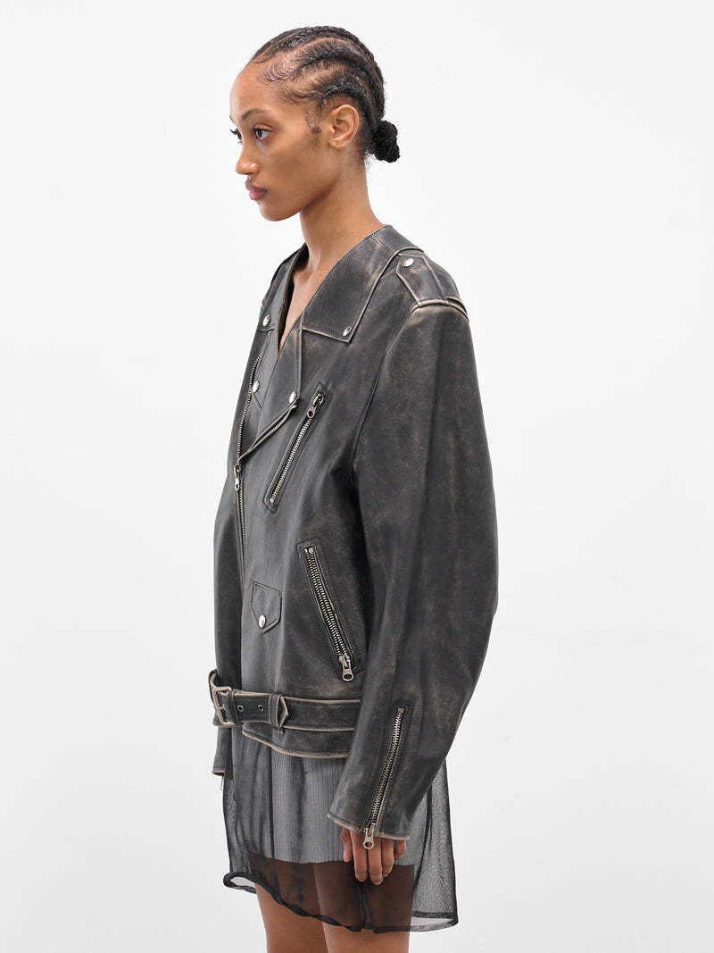 Black Worn Leather Biker Jacket (S52AM0305-M07001-143-BROWN)