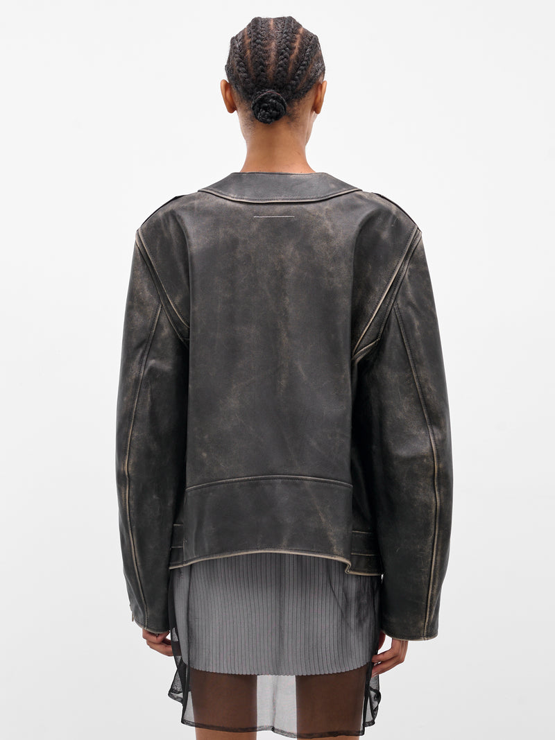 Black Worn Leather Biker Jacket (S52AM0305-M07001-143-BROWN)