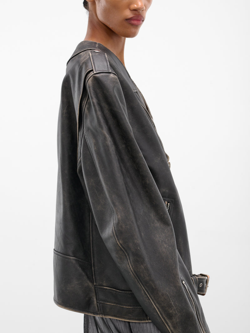 Black Worn Leather Biker Jacket (S52AM0305-M07001-143-BROWN)