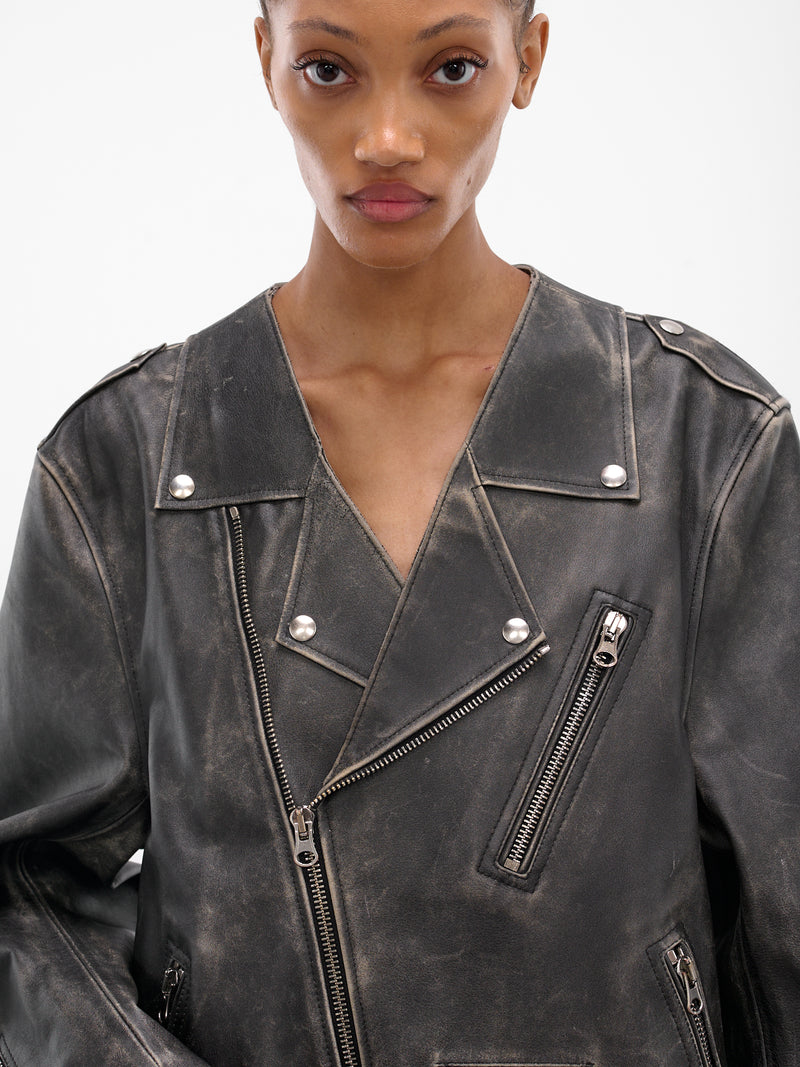 Black Worn Leather Biker Jacket (S52AM0305-M07001-143-BROWN)