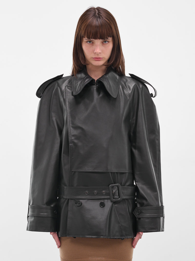 Black Leather Cropped Trench Jacket (S62AN0164-M07005-900-BLACK)
