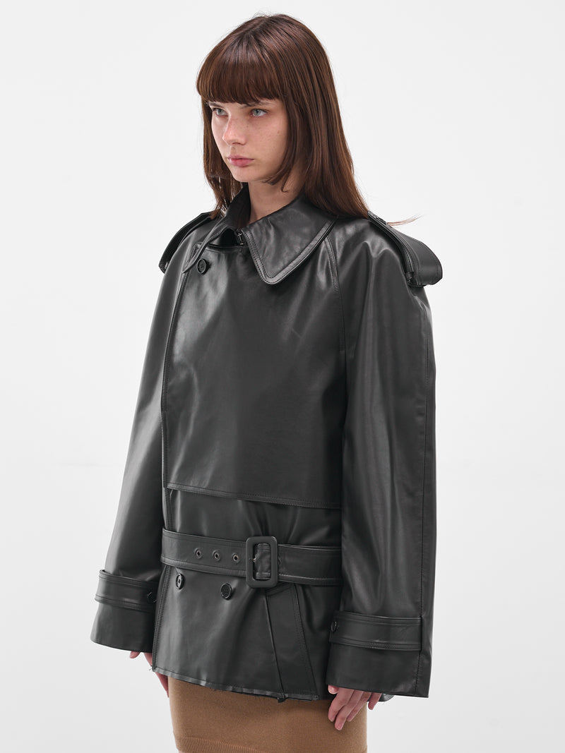 Black Leather Cropped Trench Jacket (S62AN0164-M07005-900-BLACK)