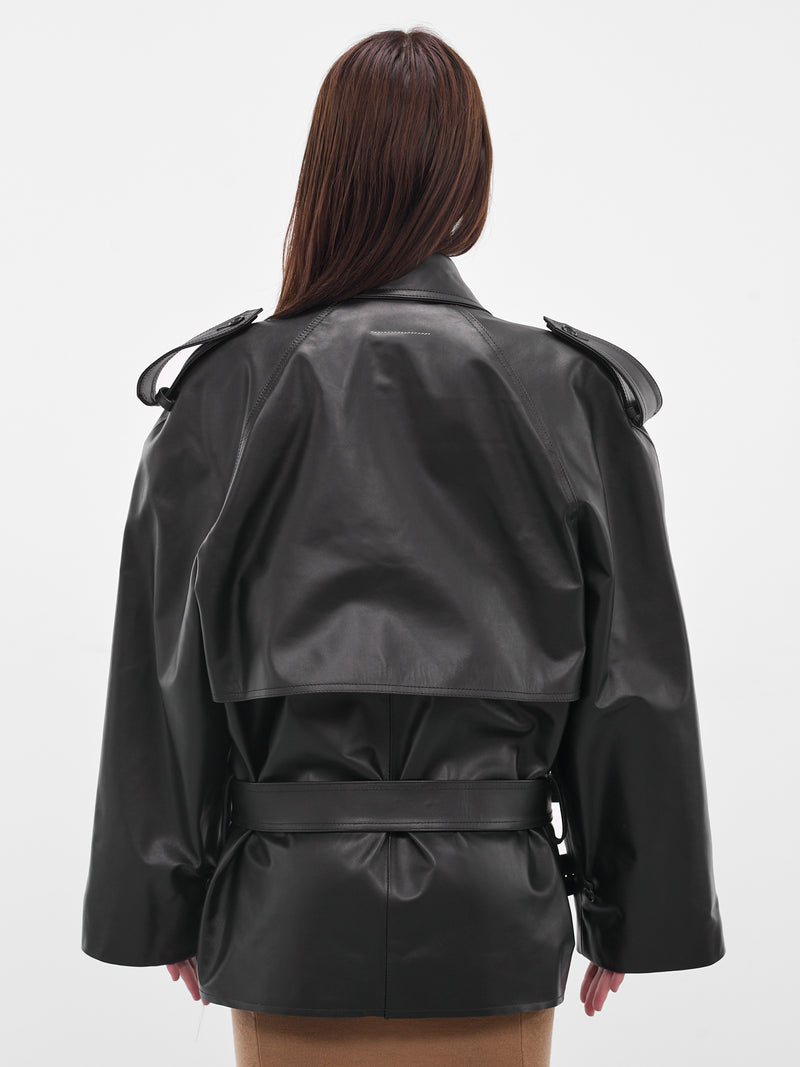 Black Leather Cropped Trench Jacket (S62AN0164-M07005-900-BLACK)