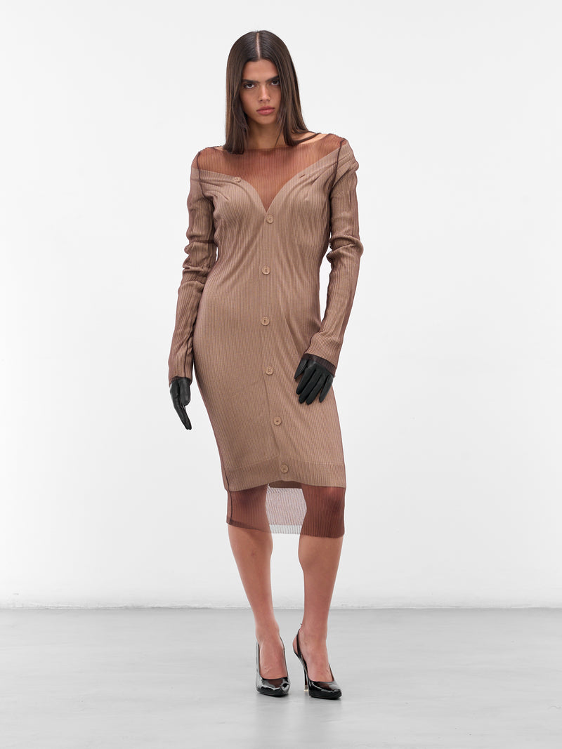Brown Ribbed Overlay Midi Dress (S62HP0033-M13191-961-BROWN)