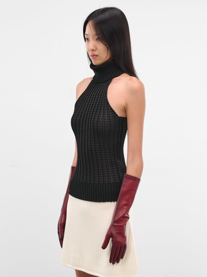 Red Glazed Lambskin Mid-Length Gloves (S62TS0080-M07014-248-RED)