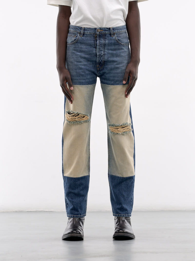 Blue Distressed Contrast Panel Jeans (S67LA0047-M30066-961-DENIM-BLU)